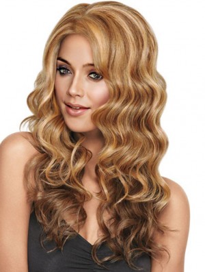 Wavy Without Bangs Long Sleek Blonde Synthetic Wigs