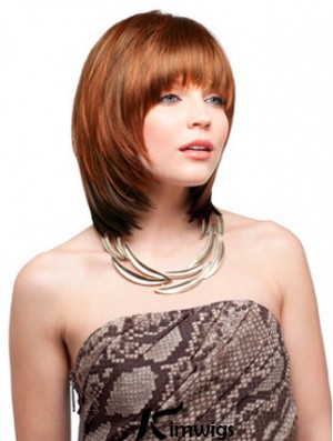 Chin Length With Bangs Straight Auburn No-Fuss Synthetic Wigs