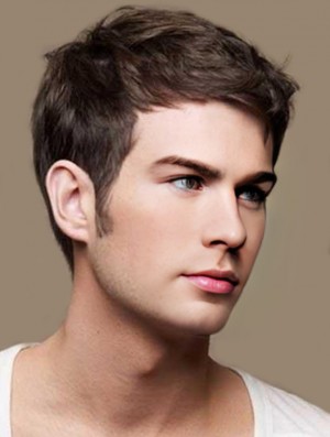 Straight Cropped Remy Real Brown Mens Real Hair Wigs