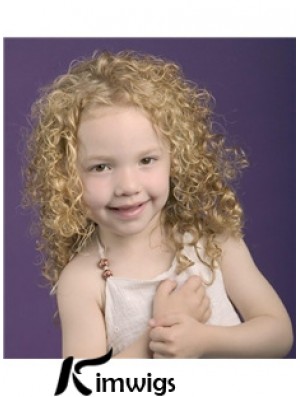 Curly Shoulder Length Blonde Synthetic 100% Hand-tied Kids Wigs