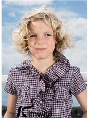 Curly Chin Length Blonde Synthetic 100% Hand-tied Kids Wigs