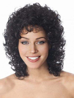 Shoulder Length Black Curly Layered Sleek African American Wigs